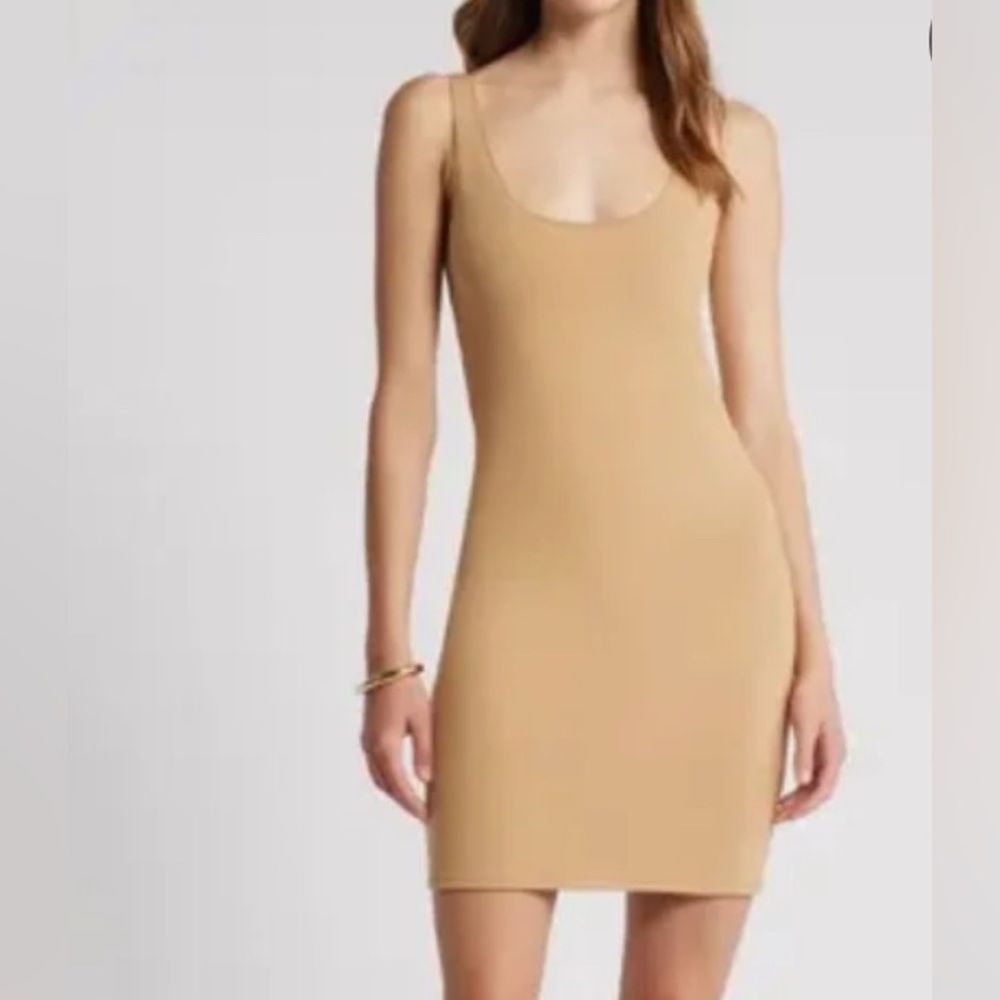 Tan Ribbed Strapless Bodycon Dress